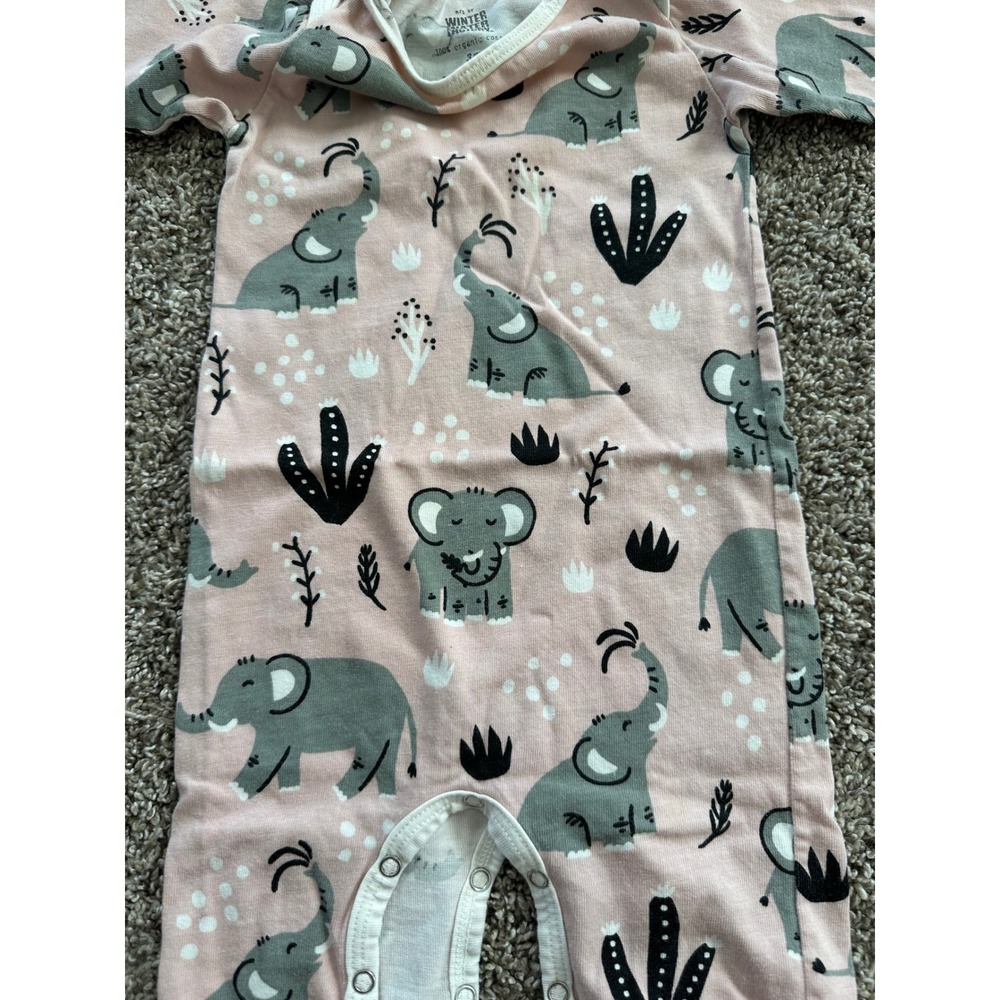 Winter Water Factory Pink Elephant Organic Cotton Romper 3M Long Sleeve Snaps - Picture 3 of 6